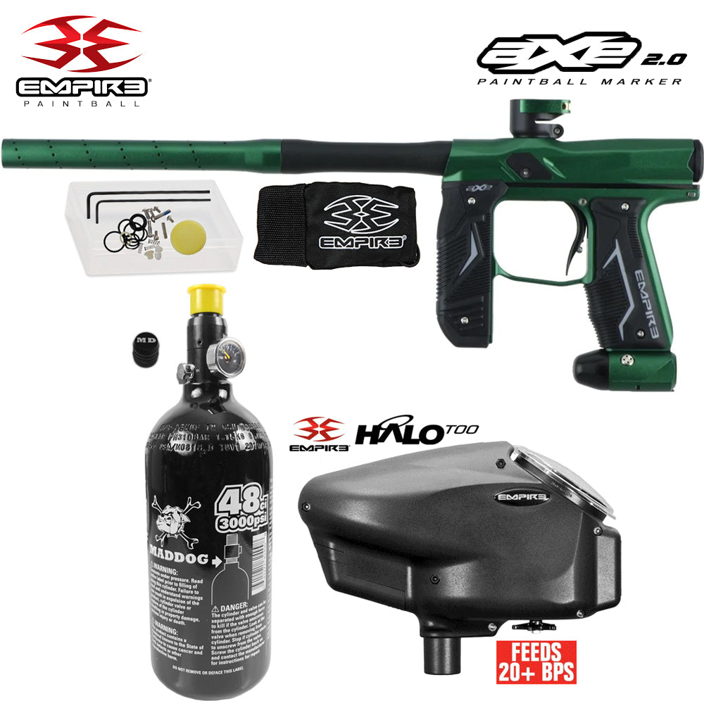 Empire Axe 2.0 Electronic Full Auto Paintball Gun Starter Package w/ 48/3000 Compressed Air HPA Paintball Tank & Empire Halo Too Electronic Paintball Loader