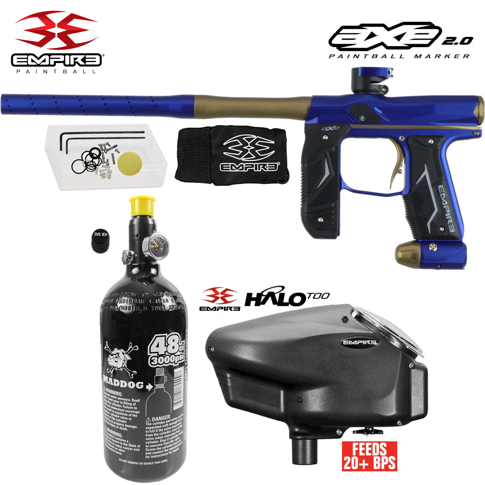 Empire Axe 2.0 Electronic Full Auto Paintball Gun Starter Package w/ 48/3000 Compressed Air HPA Paintball Tank & Empire Halo Too Electronic Paintball Loader