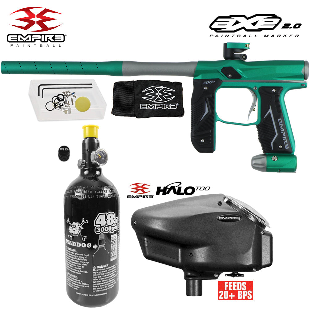 Empire Axe 2.0 Electronic Full Auto Paintball Gun Starter Package w/ 48/3000 Compressed Air HPA Paintball Tank & Empire Halo Too Electronic Paintball Loader