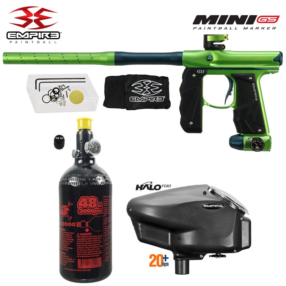 Empire Mini GS electronic full auto paintball gun package with 48/3000 HPA tank and Empire Halo Too electronic loader in green and black.