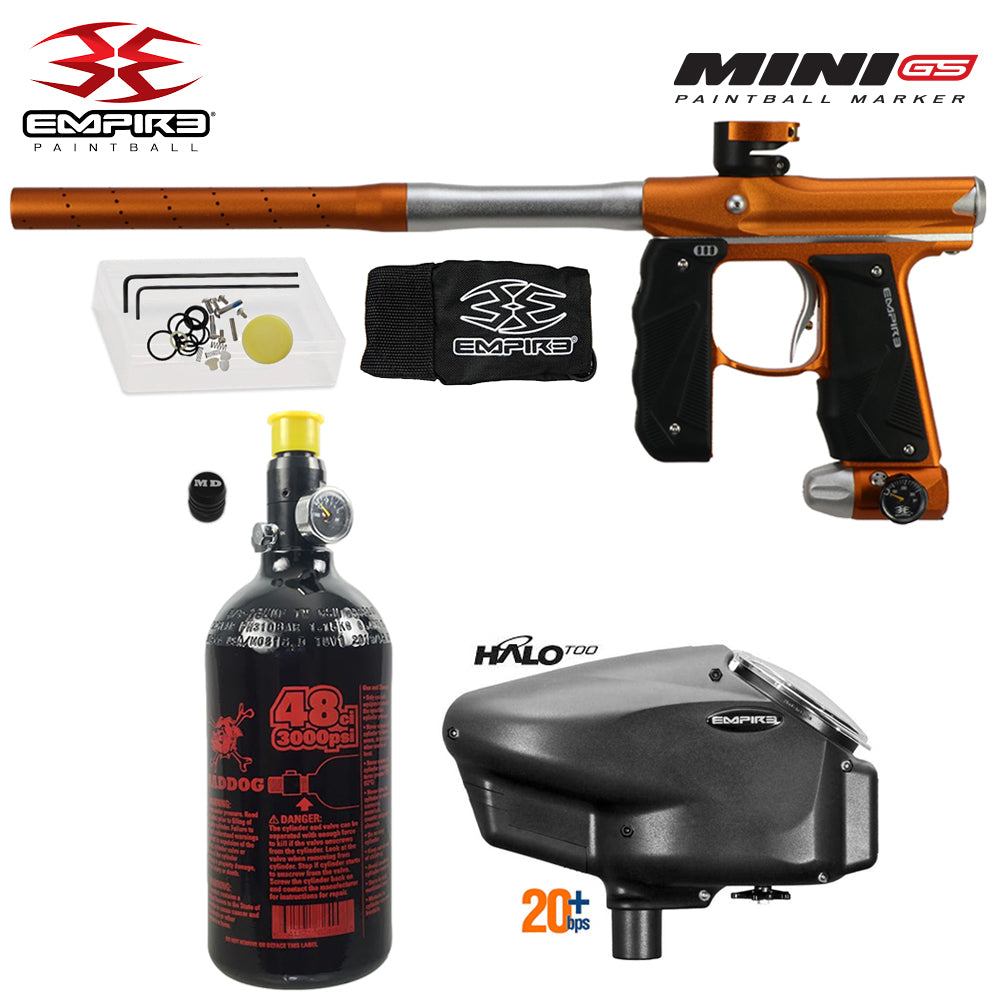 Empire Mini GS electronic full auto paintball gun starter package with 48/3000 HPA tank and Empire Halo Too electronic loader