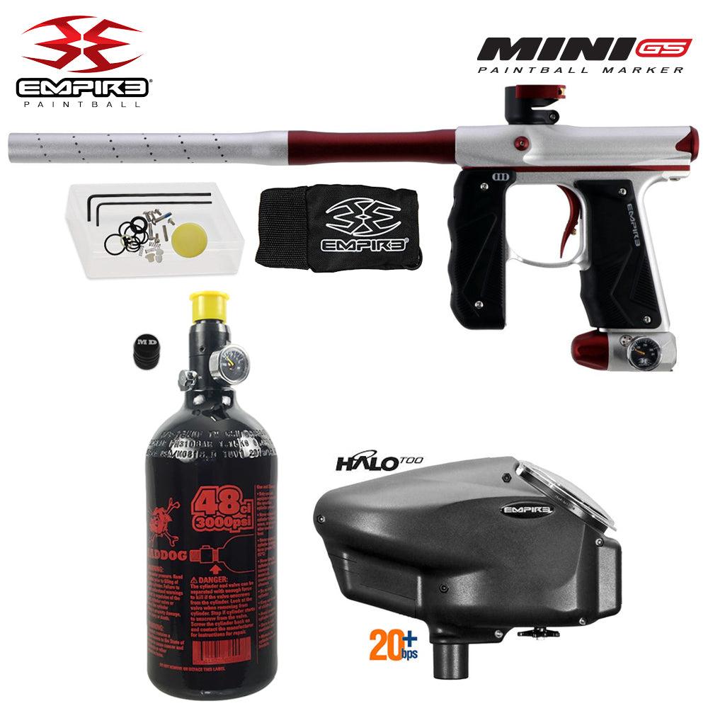 Empire Mini GS electronic full auto paintball gun starter package with 48/3000 HPA compressed air tank and Empire Halo Too electronic paintball loader.