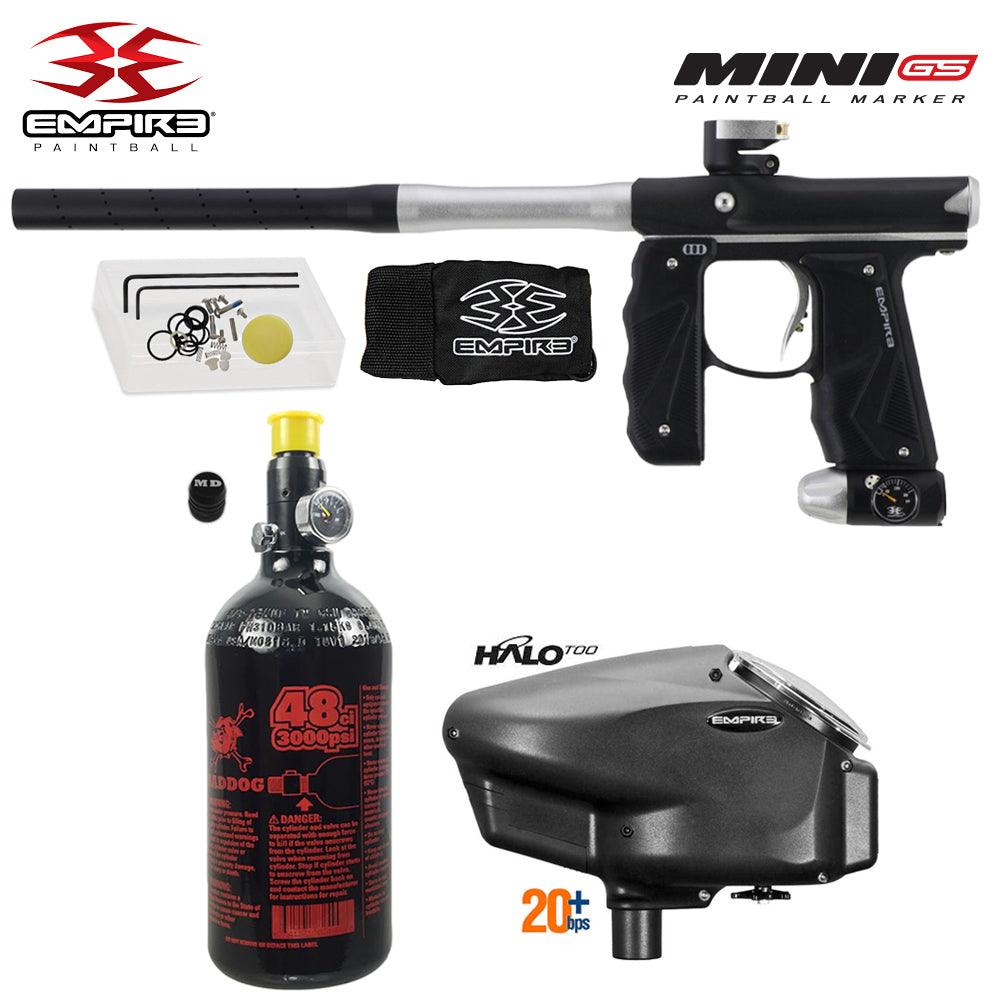 Empire Mini GS electronic paintball gun starter package with 48/3000 psi HPA tank and Empire Halo Too electronic loader
