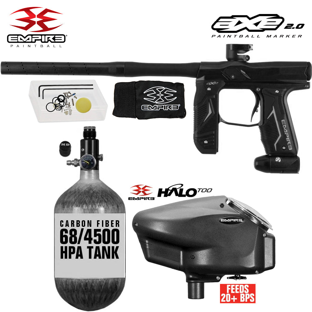 Empire Axe 2.0 Electronic Full Auto Paintball Gun Starter Package w/ 68/4500 Carbon Fiber Compressed Air HPA Paintball Tank & Empire Halo Too Electronic Paintball Loader