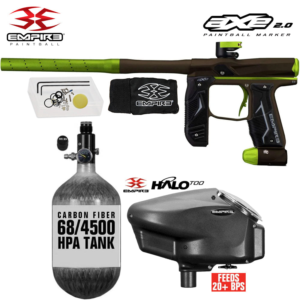 Empire Axe 2.0 Electronic Full Auto Paintball Gun Starter Package w/ 68/4500 Carbon Fiber Compressed Air HPA Paintball Tank & Empire Halo Too Electronic Paintball Loader