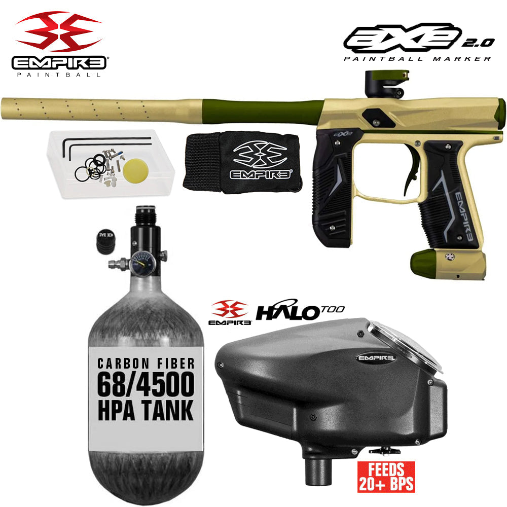 Empire Axe 2.0 Electronic Full Auto Paintball Gun Starter Package w/ 68/4500 Carbon Fiber Compressed Air HPA Paintball Tank & Empire Halo Too Electronic Paintball Loader