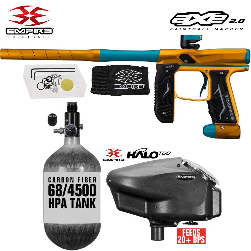 Empire Axe 2.0 Electronic Full Auto Paintball Gun Starter Package w/ 68/4500 Carbon Fiber Compressed Air HPA Paintball Tank & Empire Halo Too Electronic Paintball Loader