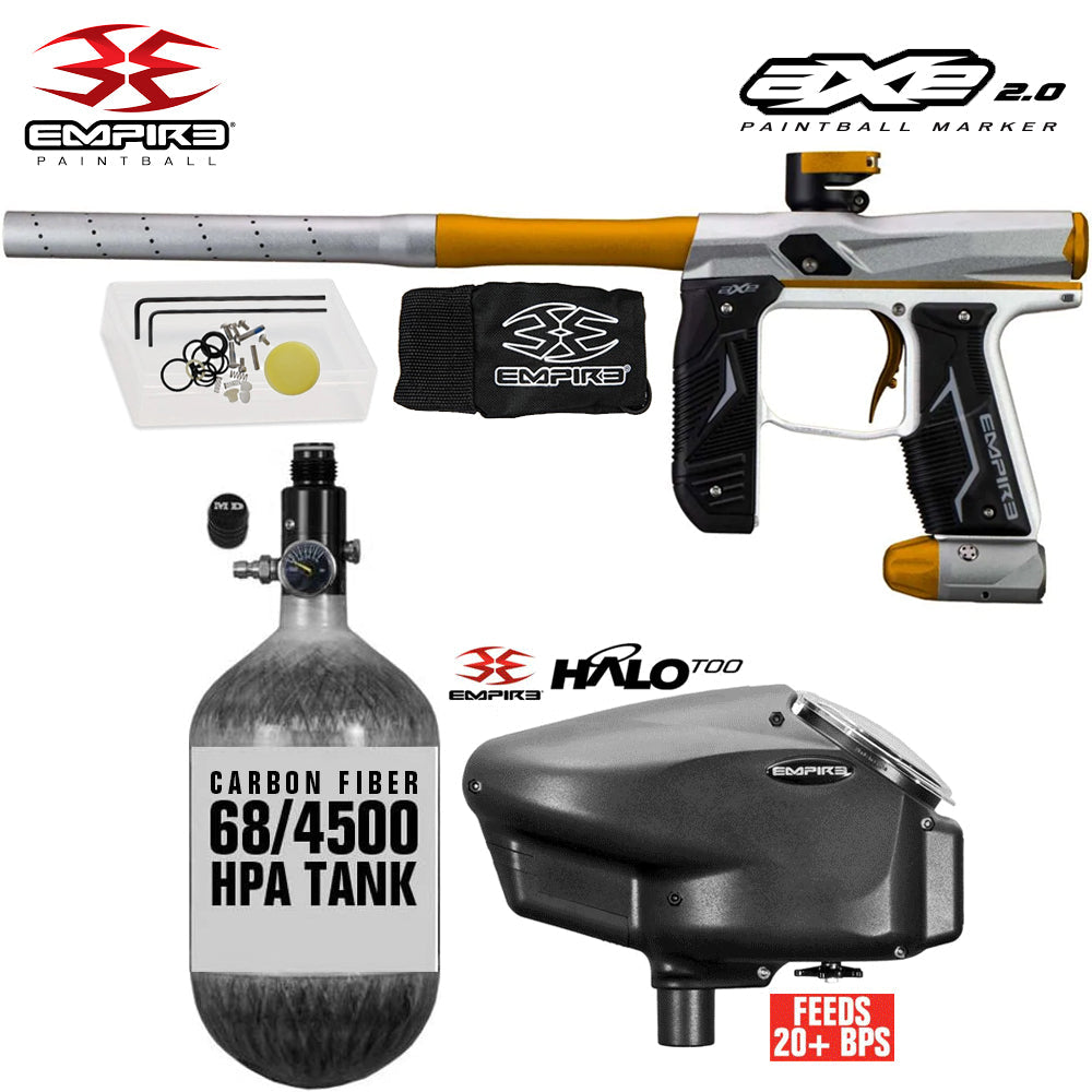 Empire Axe 2.0 Electronic Full Auto Paintball Gun Starter Package w/ 68/4500 Carbon Fiber Compressed Air HPA Paintball Tank & Empire Halo Too Electronic Paintball Loader