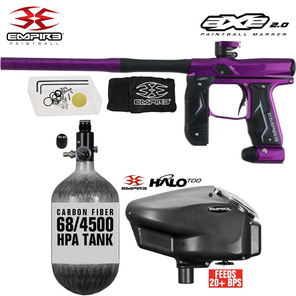 Empire Axe 2.0 Electronic Full Auto Paintball Gun Starter Package w/ 68/4500 Carbon Fiber Compressed Air HPA Paintball Tank & Empire Halo Too Electronic Paintball Loader