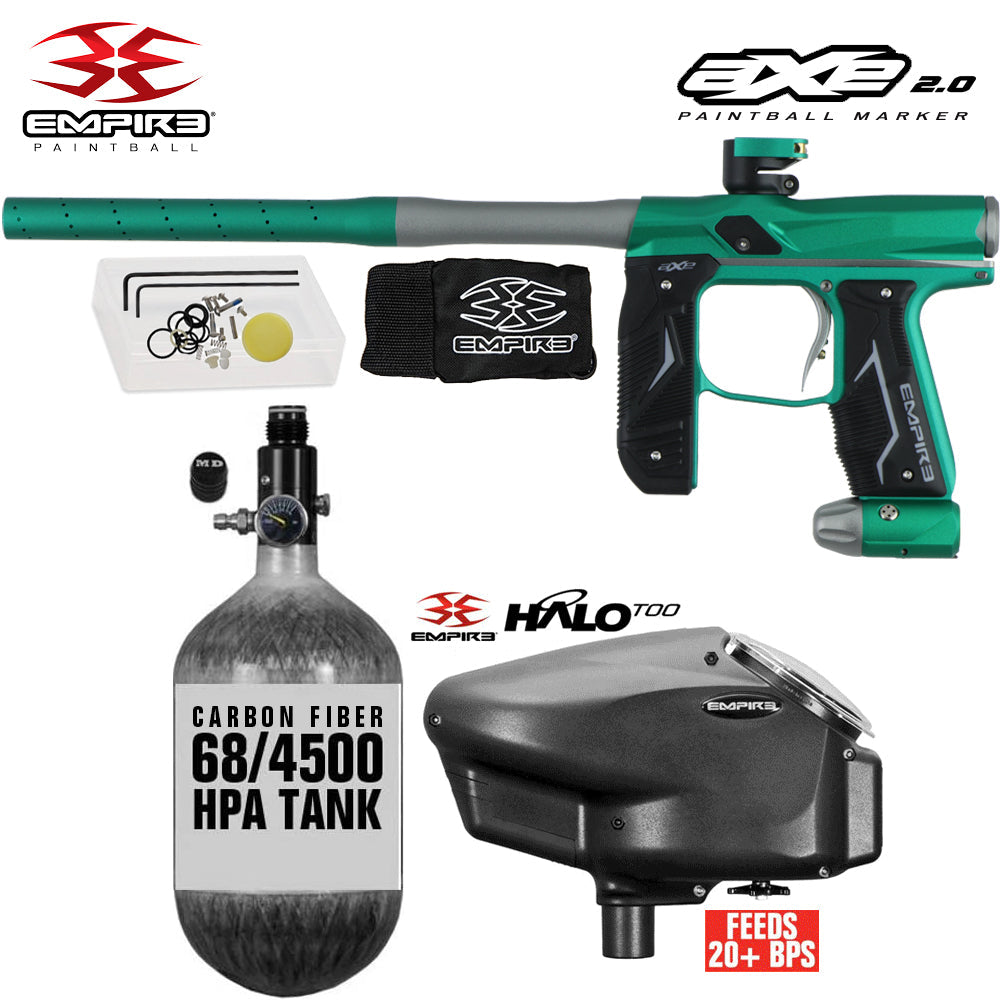 Empire Axe 2.0 Electronic Full Auto Paintball Gun Starter Package w/ 68/4500 Carbon Fiber Compressed Air HPA Paintball Tank & Empire Halo Too Electronic Paintball Loader