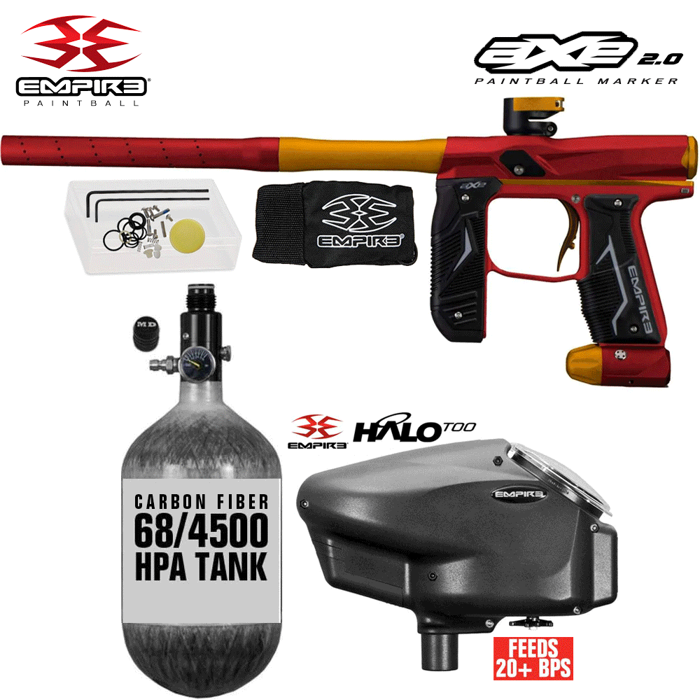 Empire Axe 2.0 Electronic Full Auto Paintball Gun Starter Package w/ 68/4500 Carbon Fiber Compressed Air HPA Paintball Tank & Empire Halo Too Electronic Paintball Loader