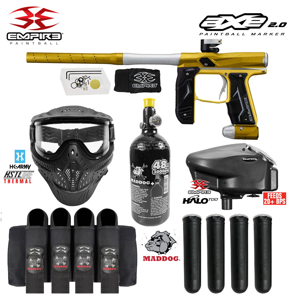Empire Axe 2.0 Electronic Full Auto Paintball Gun Starter Package w/ HK Army THERMAL HSTL Paintball Mask, 48/3000 Compressed Air HPA Paintball Tank, Empire Halo Too Electronic Paintball Loader, & Paintball Harness Pod Pack