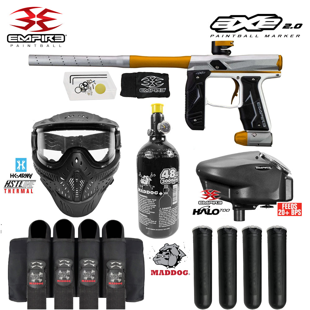 Empire Axe 2.0 Electronic Full Auto Paintball Gun Starter Package w/ HK Army THERMAL HSTL Paintball Mask, 48/3000 Compressed Air HPA Paintball Tank, Empire Halo Too Electronic Paintball Loader, & Paintball Harness Pod Pack