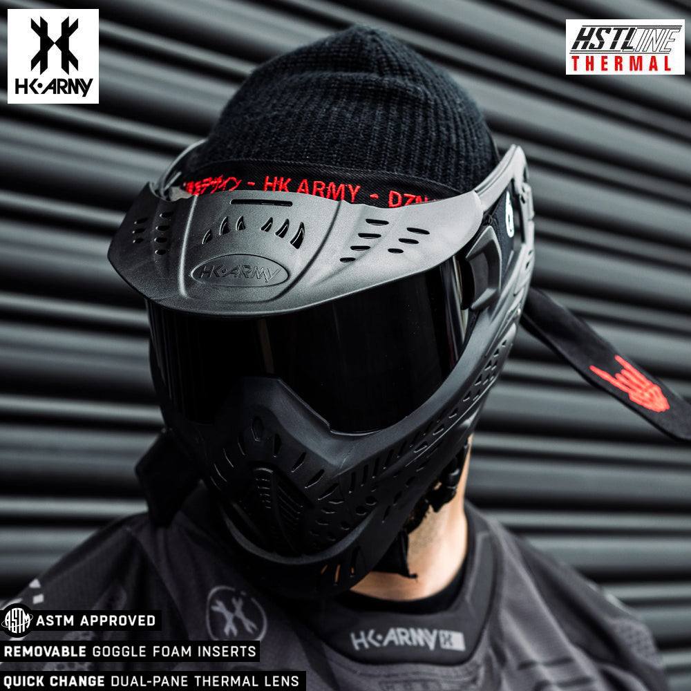 HK Army HSTL black paintball mask with smoke anti-fog thermal lens and adjustable straps