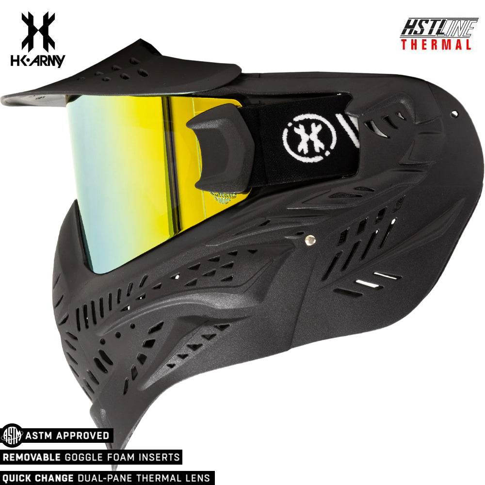 HK Army HSTL Goggle black paintball mask with gold anti-fog thermal lens and ventilation