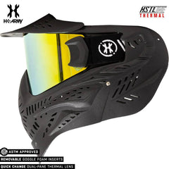 HK Army HSTL Goggle black paintball mask with gold anti-fog thermal lens and ventilation