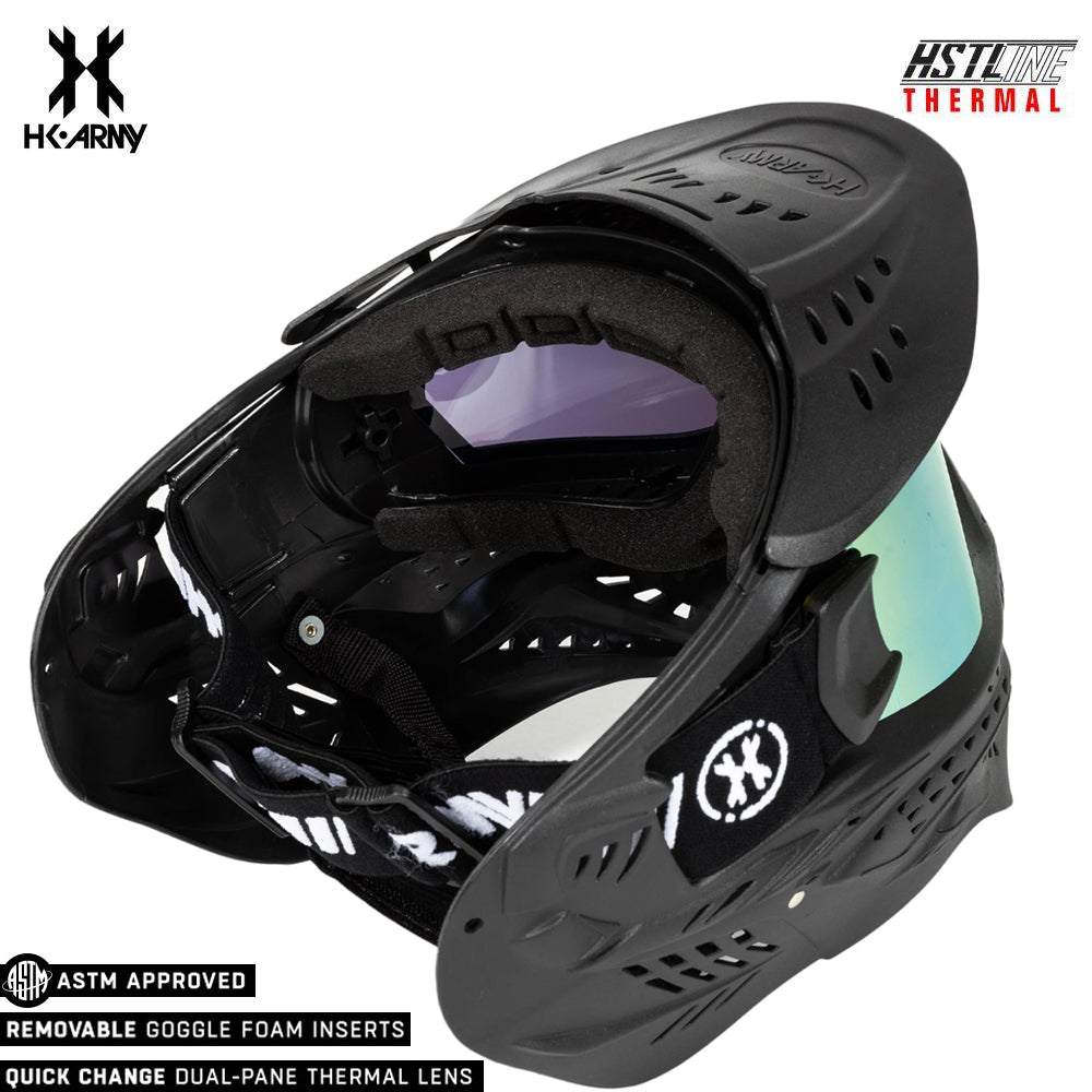 HK Army HSTL Goggle black paintball mask with gold anti-fog thermal dual-pane lens and removable foam inserts