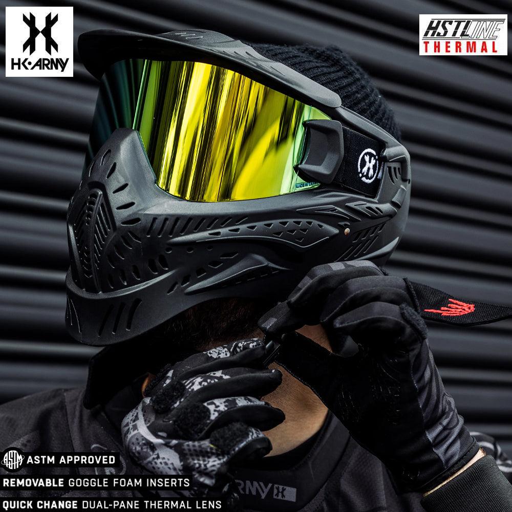 HK Army HSTL Goggle paintball mask in black with gold anti-fog thermal lens and adjustable straps