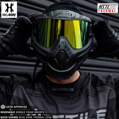 HK Army HSTL Goggle paintball mask in black with gold anti-fog thermal lens and removable foam inserts