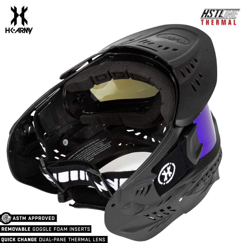 HK Army HSTL Goggle paintball mask in black with anti-fog dual-pane thermal lens and removable foam inserts