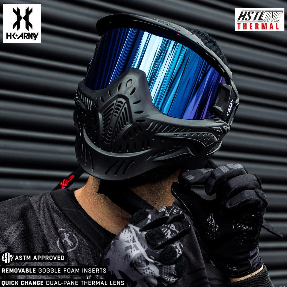 HK Army HSTL Goggle paintball mask in black with anti-fog blue ice thermal lens and removable foam inserts