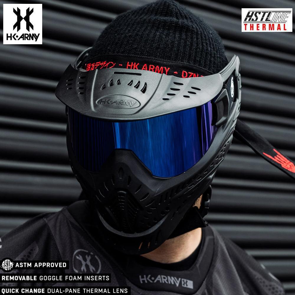 Person wearing black HK Army HSTL Goggle paintball mask with anti-fog blue ice lens and black beanie