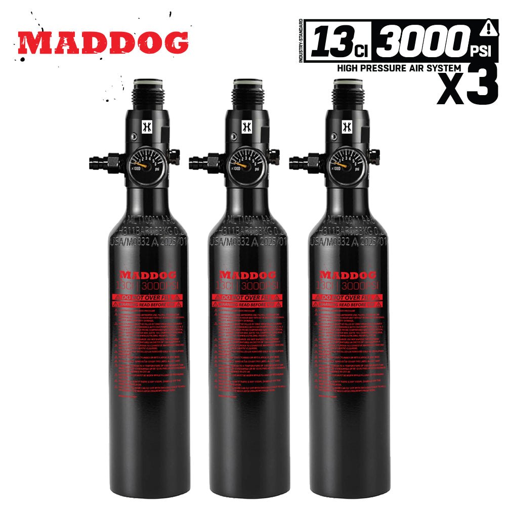 Set of three Maddog 13ci 3000psi aluminum compressed air paintball tanks with HPA regulators and pressure gauges