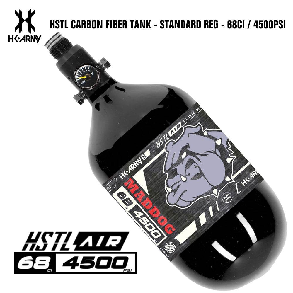 HK Army Maddog HSTL 68/4500 Carbon Fiber HPA Paintball Tank with aluminum regulator and 800 psi output pressure.