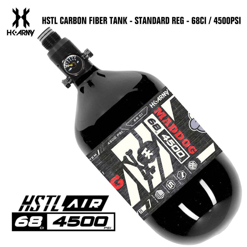 HK Army Maddog 68ci 4500psi carbon fiber HPA paintball tank with standard regulator and pressure gauge