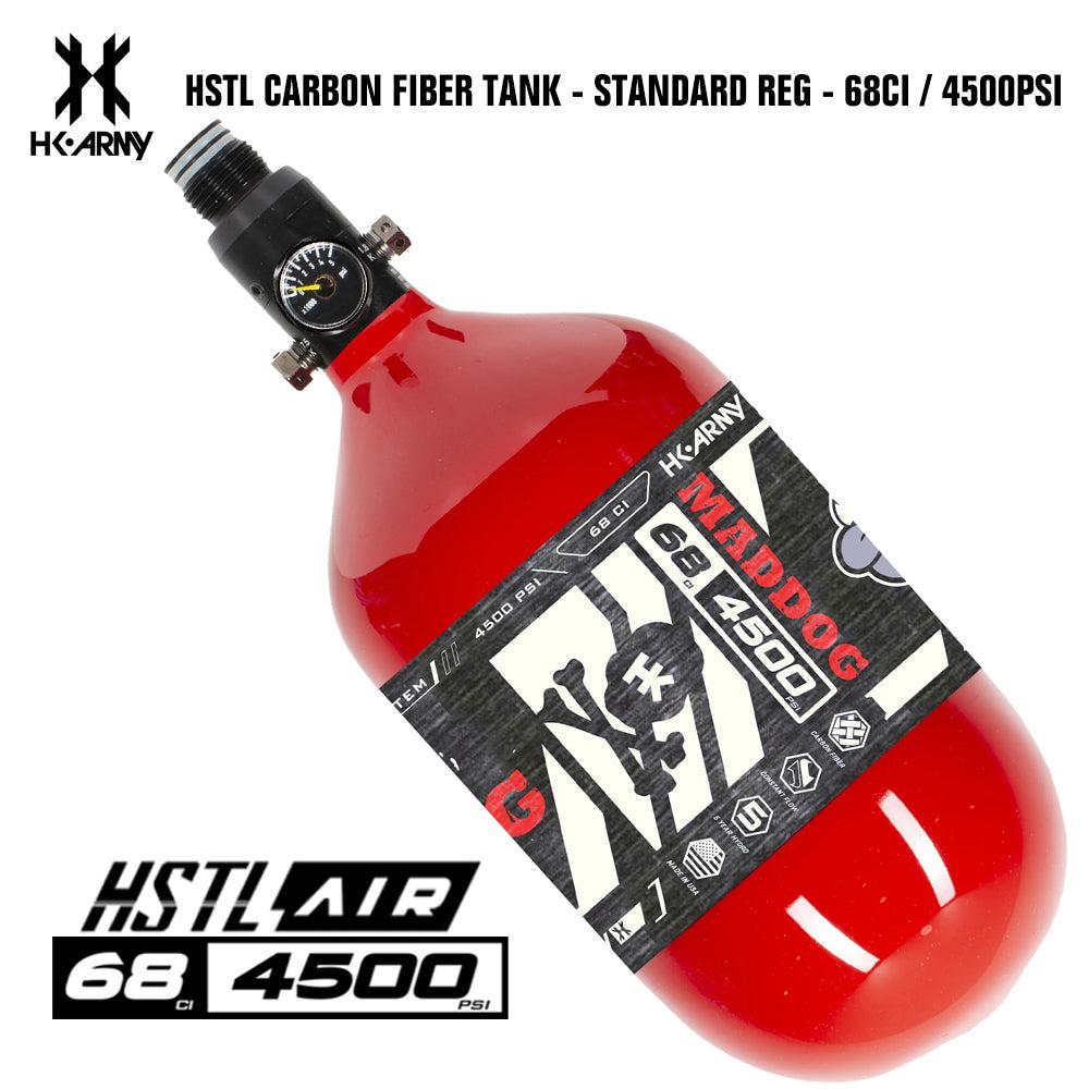 HK Army Maddog HSTL 68CI 4500 PSI carbon fiber HPA paintball tank with standard regulator and pressure gauge