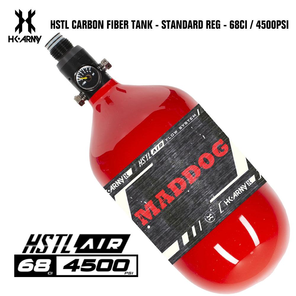 Red HK Army Maddog HSTL 68/4500 carbon fiber HPA paintball tank with pressure gauge and aluminum regulator, DOT approved.