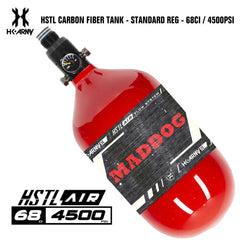Red HK Army Maddog HSTL 68/4500 carbon fiber HPA paintball tank with pressure gauge and aluminum regulator, DOT approved.