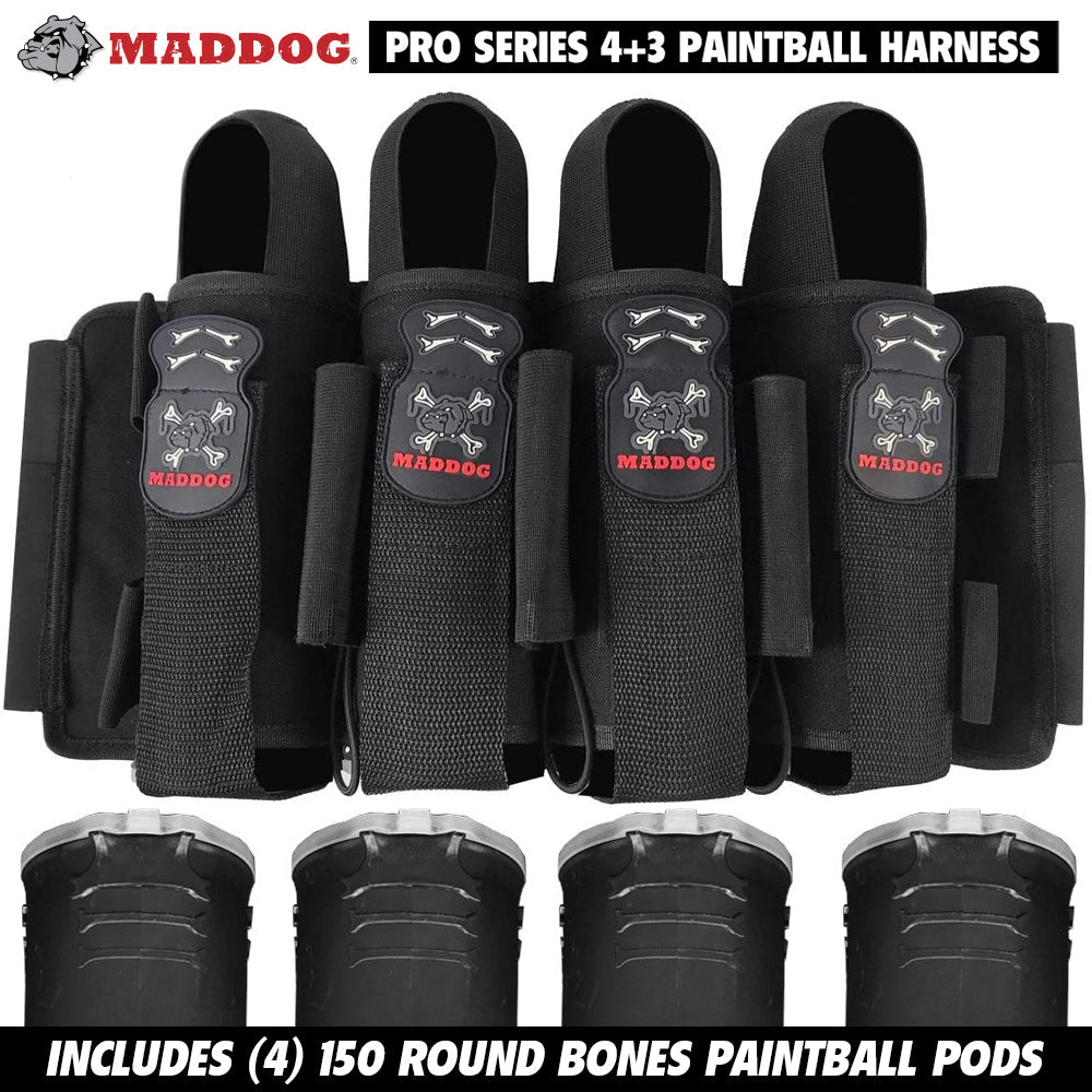 Maddog Pro 4+3 Paintball Harness Pod Pack with (4) 150 Round BONES Paintball Pods