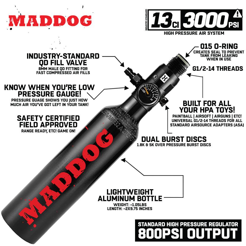 Maddog 13ci 3000psi lightweight aluminum compressed air paintball tank with HPA regulator and safety features
