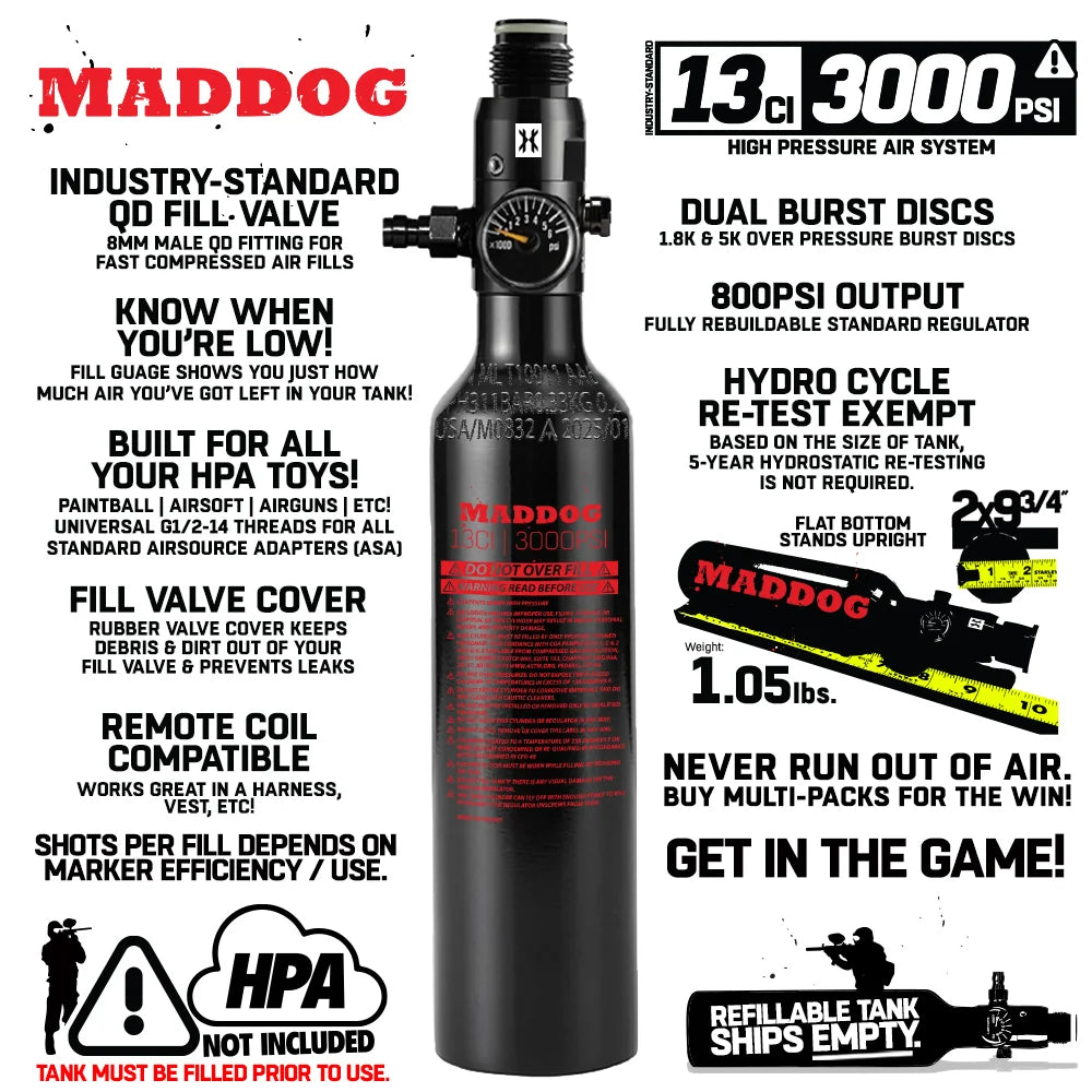 Maddog Aluminum HPA Paintball Tank – 13ci / 26ci / 48ci 3000 PSI Compressed Air System