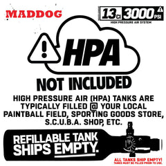 Warning label for Maddog 13ci 3000psi aluminum high pressure air system tank showing refillable tank ships empty and must be filled locally for paintball use
