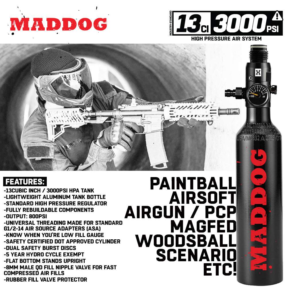 Maddog 13ci 3000psi lightweight aluminum compressed air paintball tank with HPA regulator for airsoft, airgun, magfed, and scenario use