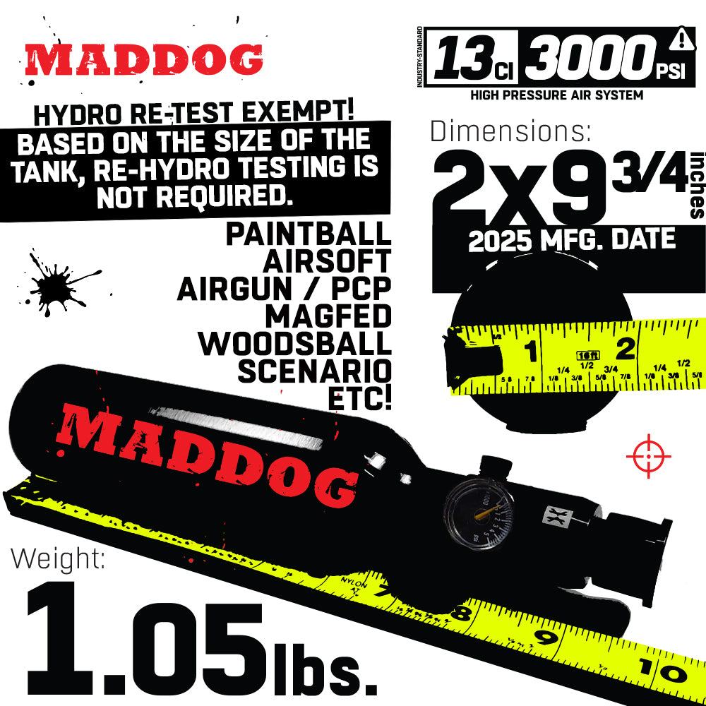 Maddog 13ci 3000psi aluminum compressed air paintball tank with regulator, lightweight 1.05 lbs, hydro test exempt, dimensions 2x9.75 inches