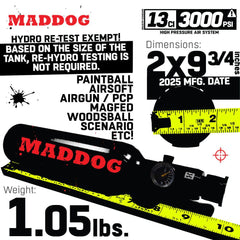 Maddog 13ci 3000psi aluminum compressed air paintball tank with regulator, lightweight 1.05 lbs, hydro test exempt, dimensions 2x9.75 inches