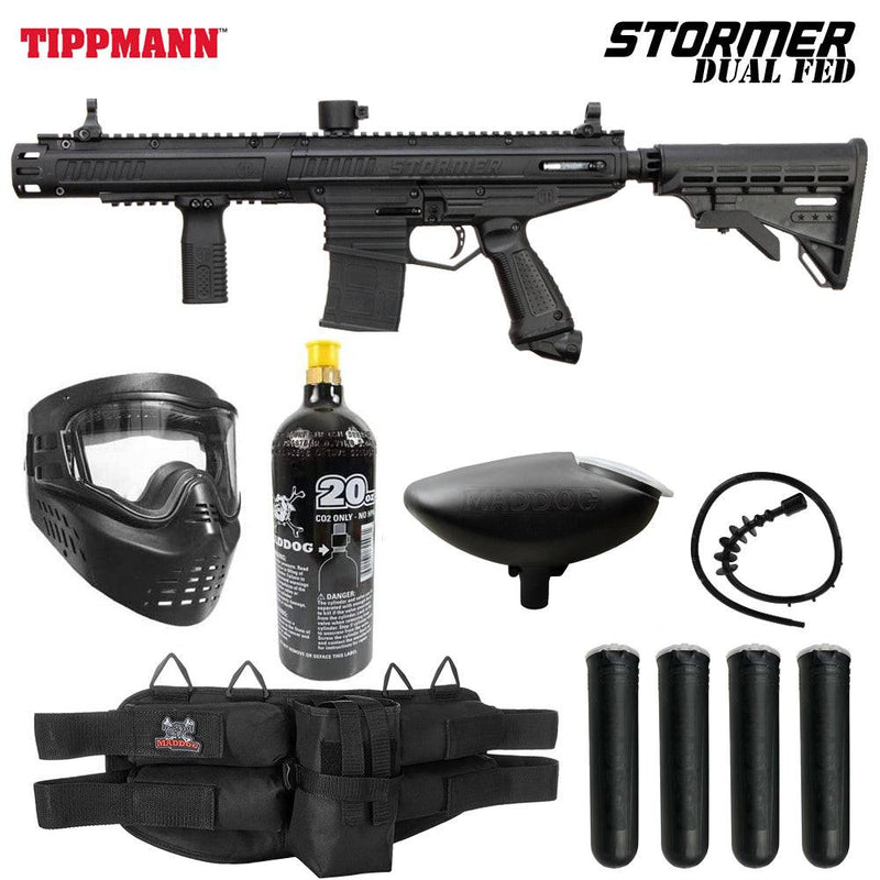 Tippmann Stormer Dual Fed Elite silver CO2 paintball gun starter package with mask, tank, loader, pods, and harness