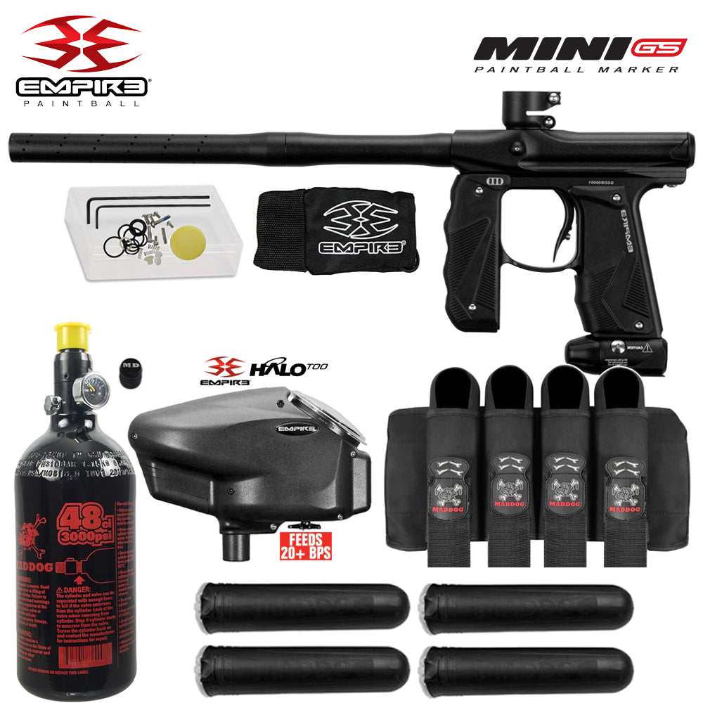 Empire Mini GS Electronic Marker Packages (HPA Kits) std config, marker, balanced shot feel, for woodsball play, install angle