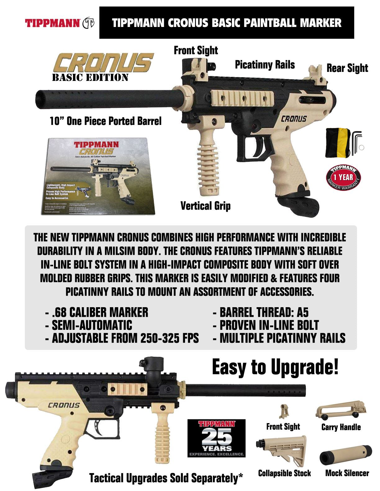 Tippmann Cronus Semi Auto .68Cal Marker Gun std config, marker, accurate marker control, for woodsball play, rear angle