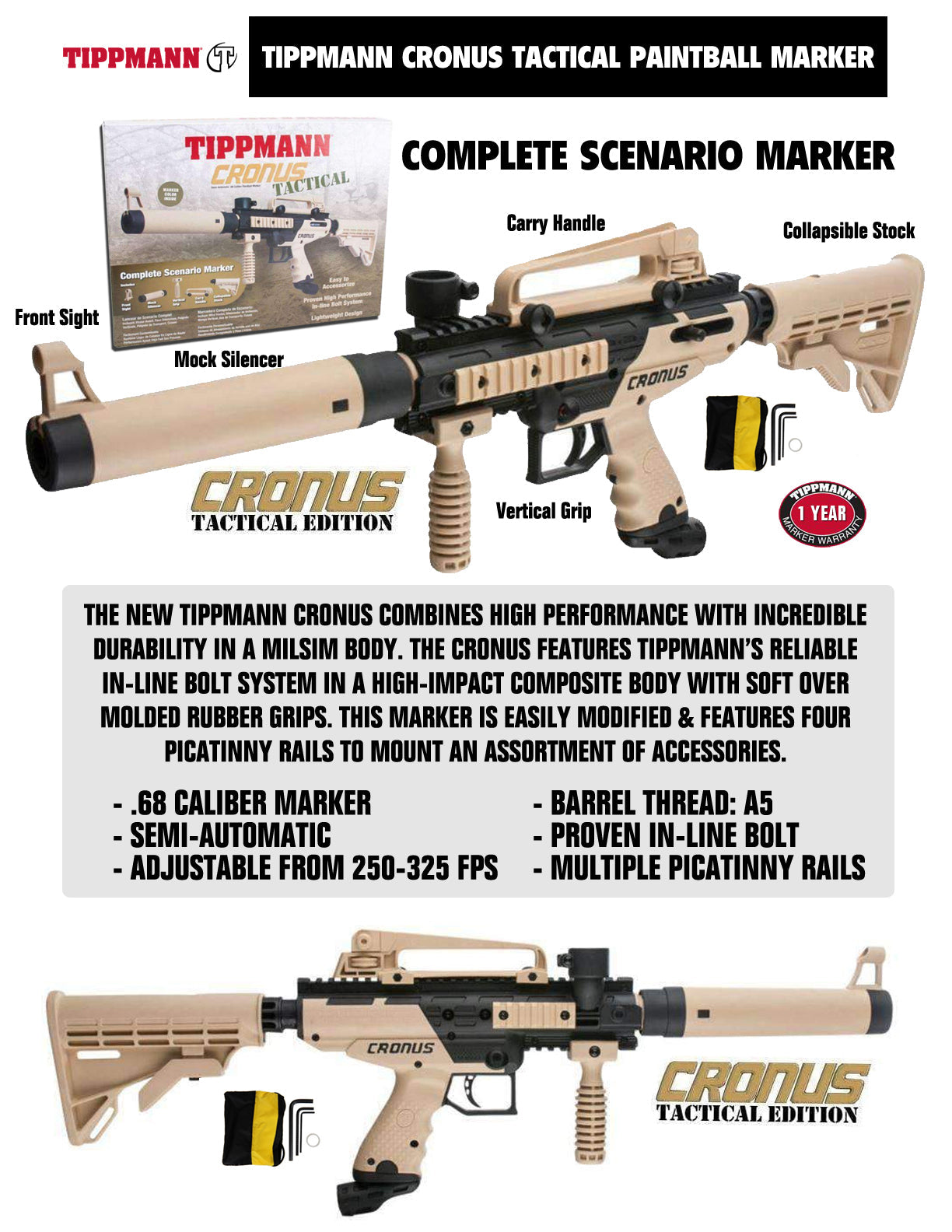 Tippmann Cronus Semi Auto .68Cal Marker Gun std config, marker, ready to play feel, for woodsball play, feature detail
