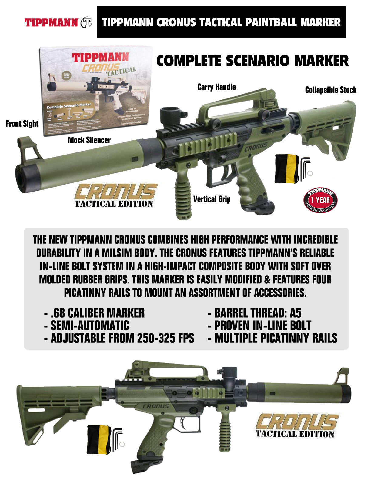 Tippmann Cronus Semi Auto .68Cal Marker Gun std config, marker, durable field setup, for woodsball play, close detail