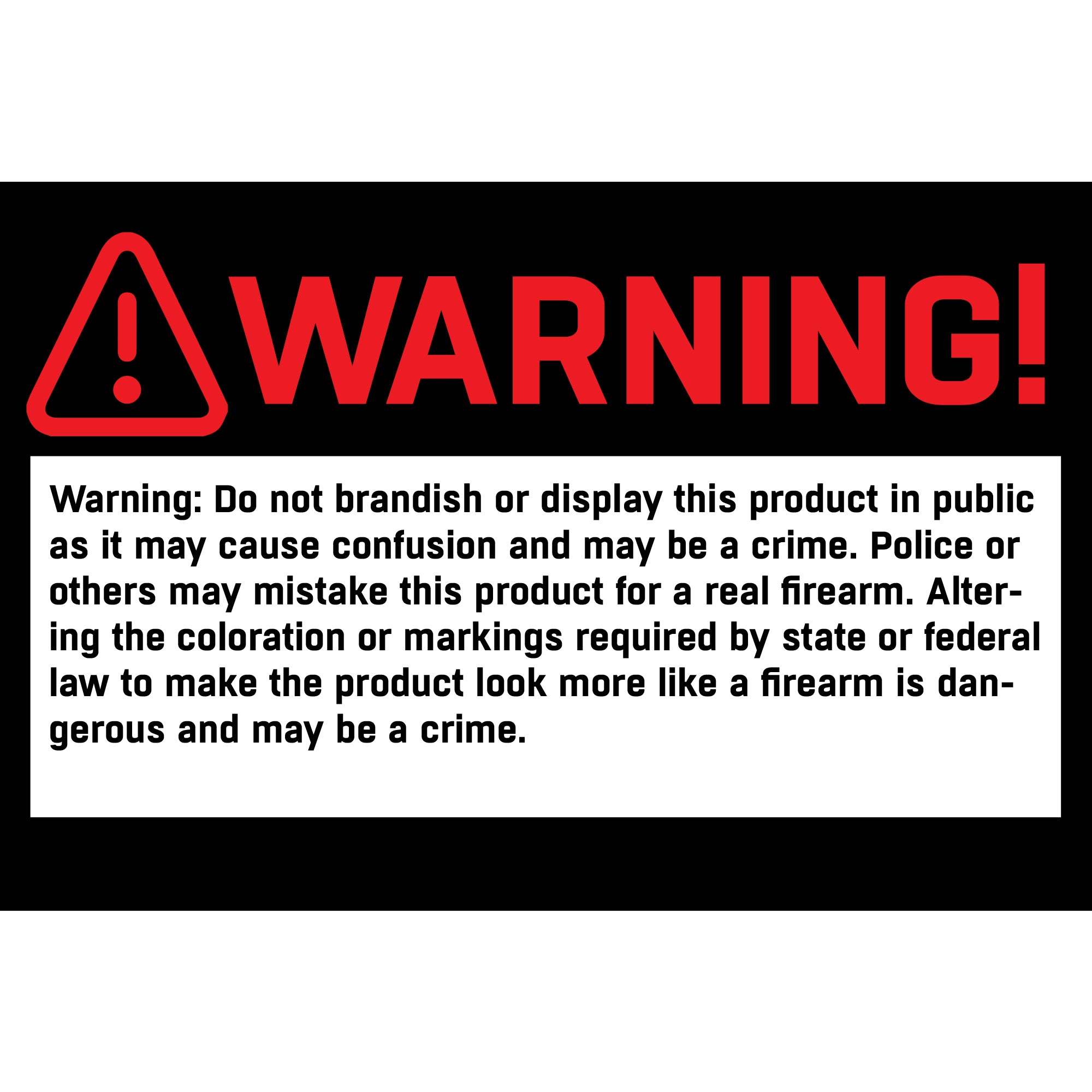 Warning label about legal restrictions on displaying paintball gun products publicly to avoid confusion with real firearms