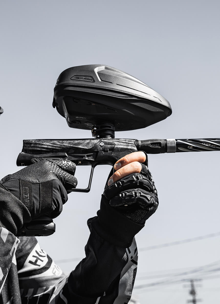 HK Army x Planet Eclipse ETHA3 Shrapnel Electronic Gun std config, marker, durable field setup, for woodsball play, profile detail