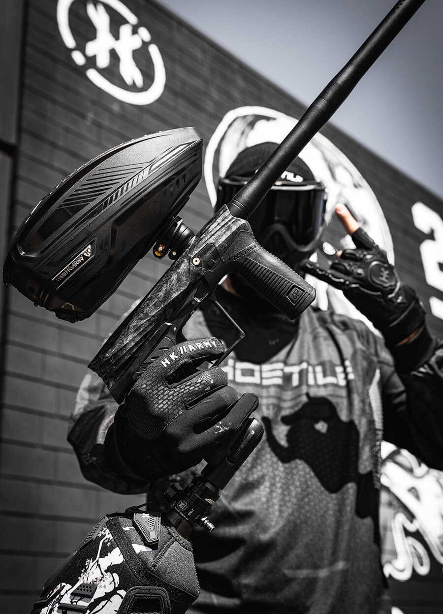 HK Army x Planet Eclipse ETHA3 Shrapnel Electronic Gun std config, marker, durable field setup, for woodsball play, display angle