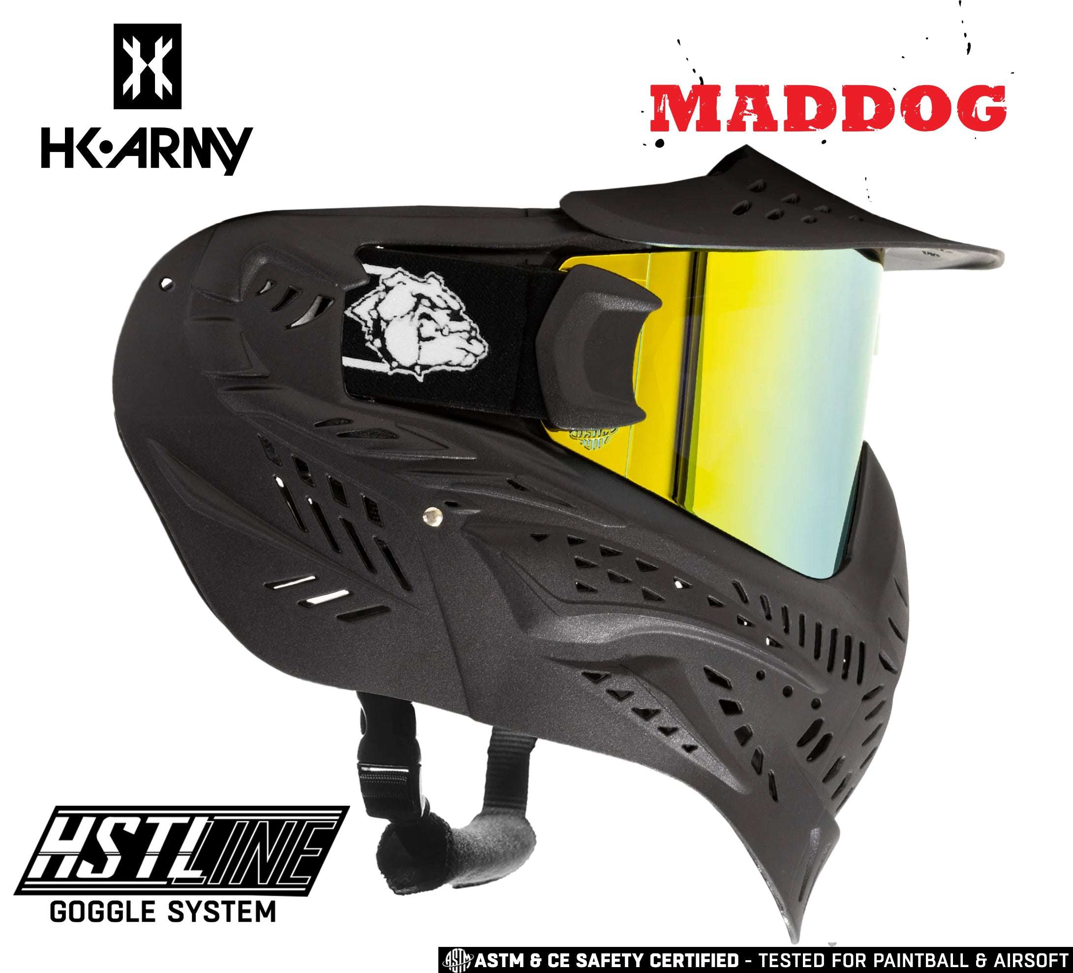 Maddog HK Army HSTL Goggle paintball mask with black thermoplastic frame and yellow anti-fog thermal lens, full-face protective design.