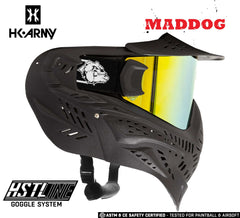 Maddog HK Army HSTL Goggle paintball mask with black thermoplastic frame and yellow anti-fog thermal lens, full-face protective design.