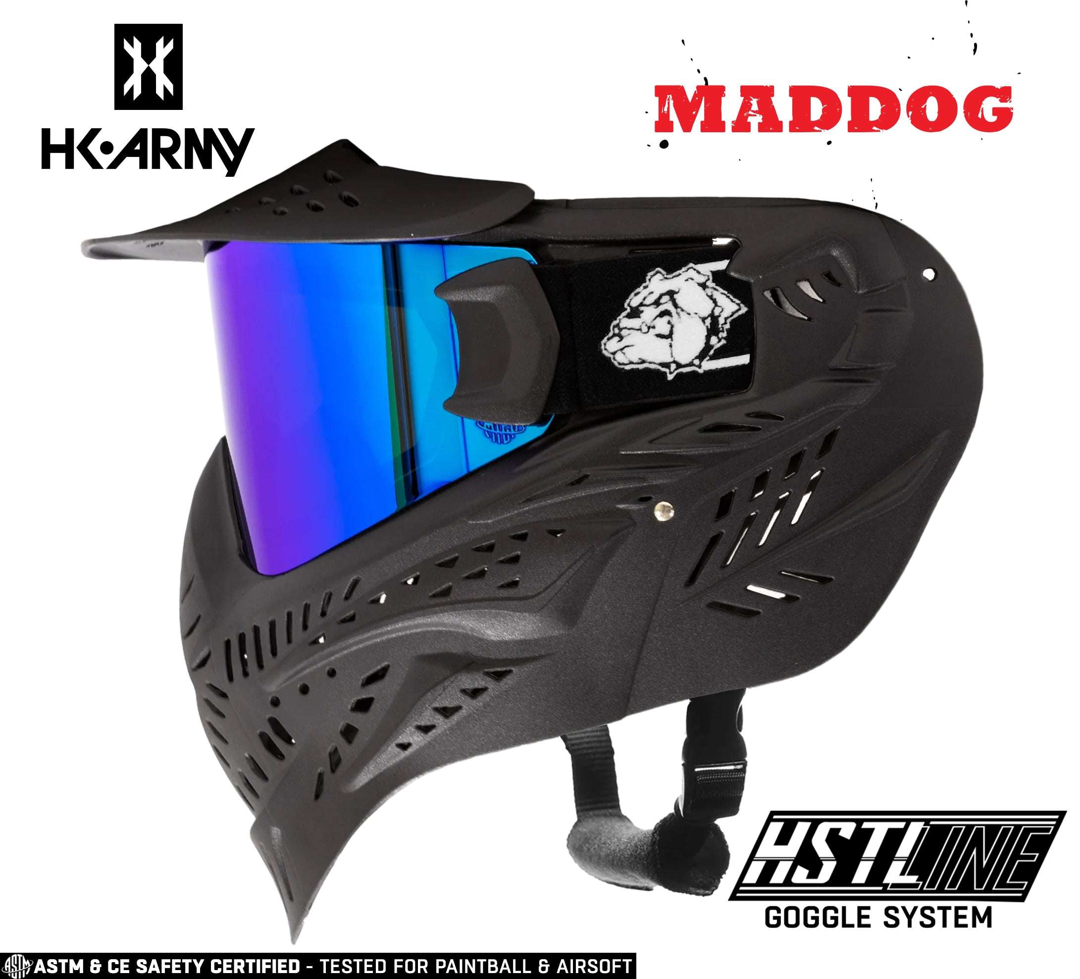 Maddog HK Army HSTL Goggle paintball airsoft mask with blue mirrored anti-fog thermal lens and breathable full-face protection